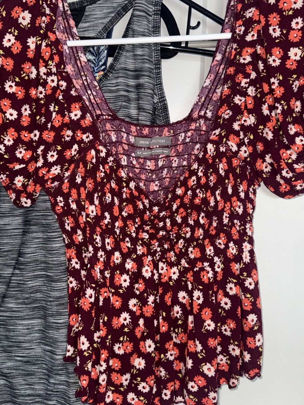 Urban Outfitters Burgundy Floral Smocked Square-Neck Top